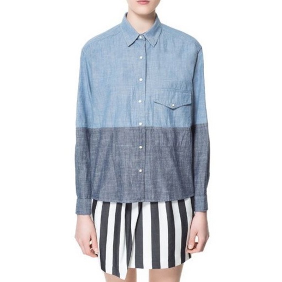 Zara Woman Two-Tone Chambray Button Down Shirt - Picture 8 of 8
